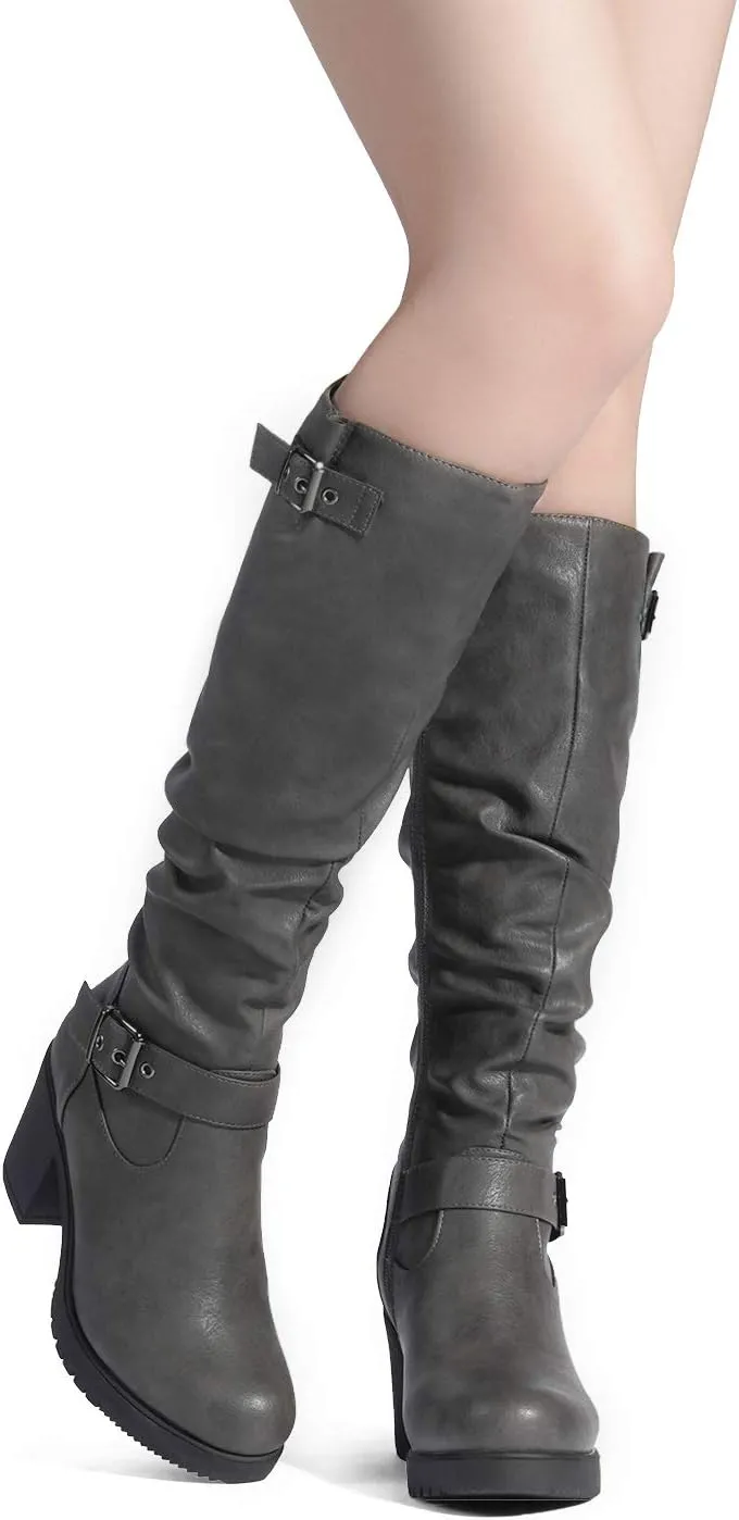 DREAM PAIRS Women's Black Chunky Heel Knee High Boots Side Zipper Round Toe Boots with Faux Fur Lining