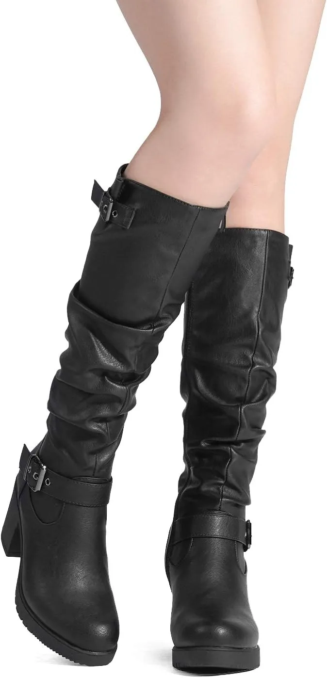 DREAM PAIRS Women's Black Chunky Heel Knee High Boots Side Zipper Round Toe Boots with Faux Fur Lining