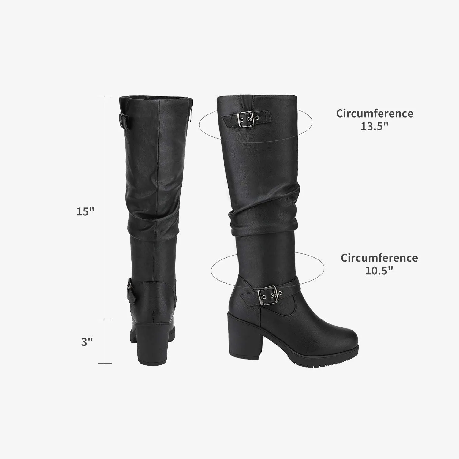 DREAM PAIRS Women's Black Chunky Heel Knee High Boots Side Zipper Round Toe Boots with Faux Fur Lining