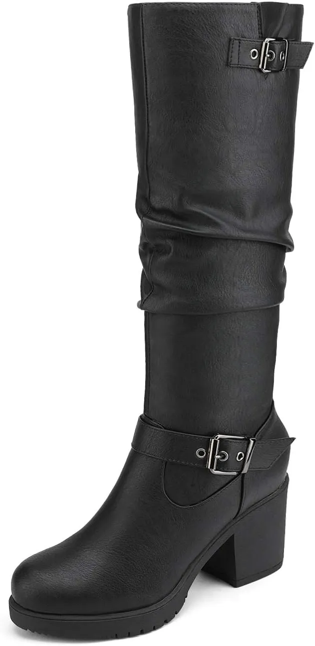 DREAM PAIRS Women's Black Chunky Heel Knee High Boots Side Zipper Round Toe Boots with Faux Fur Lining
