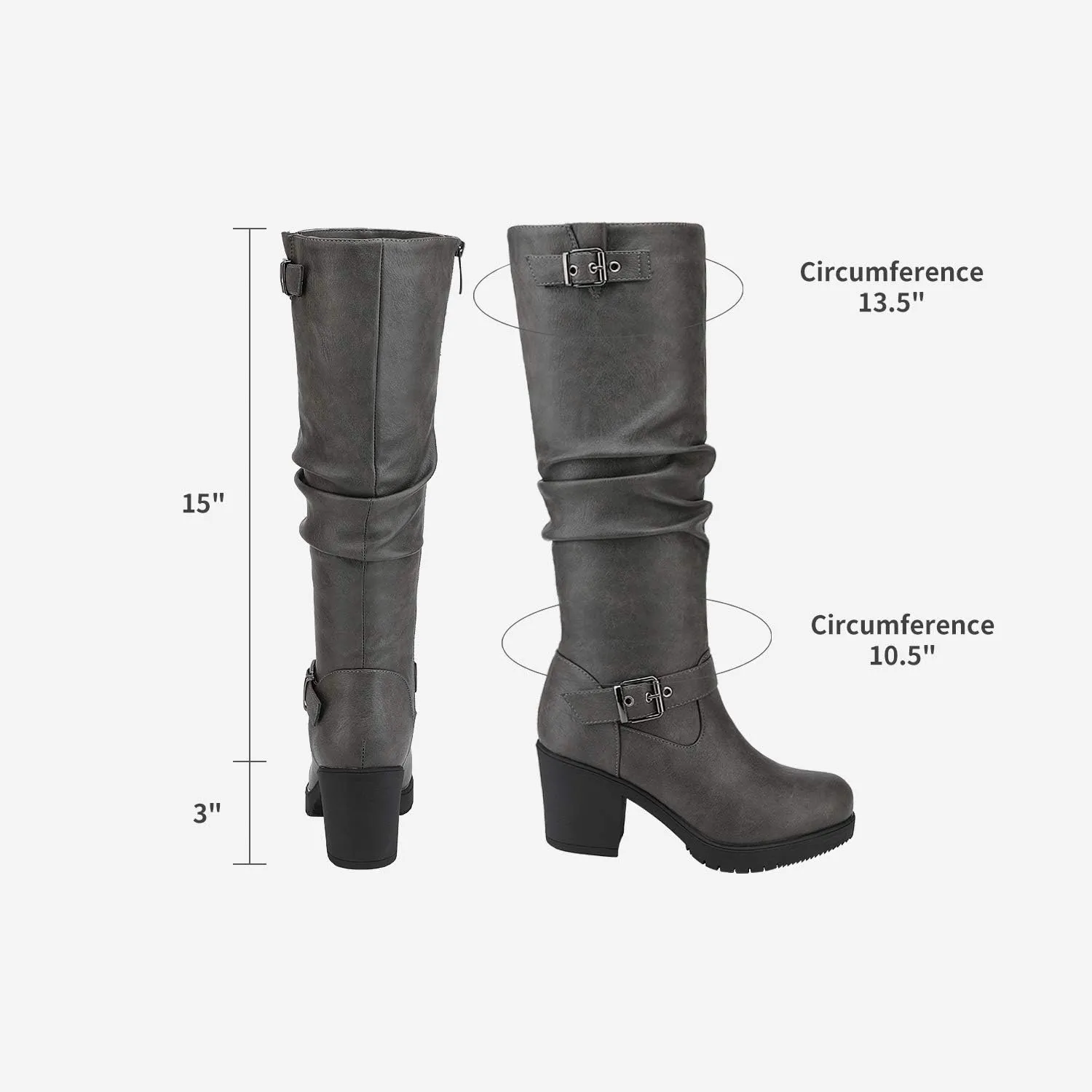 DREAM PAIRS Women's Black Chunky Heel Knee High Boots Side Zipper Round Toe Boots with Faux Fur Lining