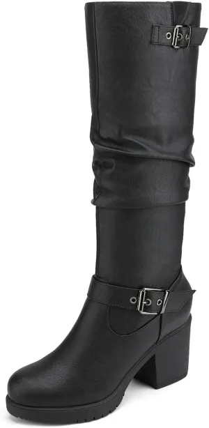 DREAM PAIRS Women's Black Chunky Heel Knee High Boots Side Zipper Round Toe Boots with Faux Fur Lining