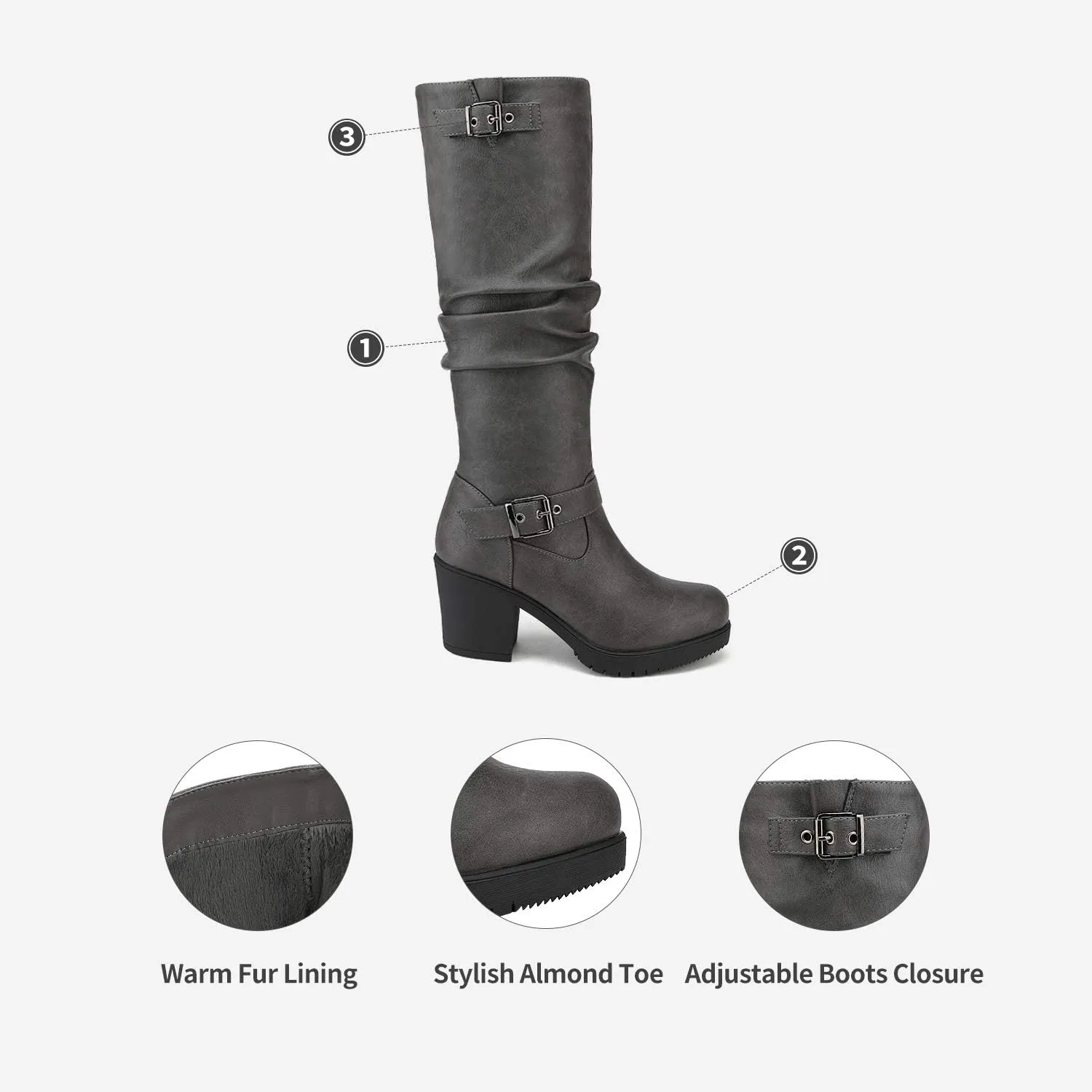 DREAM PAIRS Women's Black Chunky Heel Knee High Boots Side Zipper Round Toe Boots with Faux Fur Lining