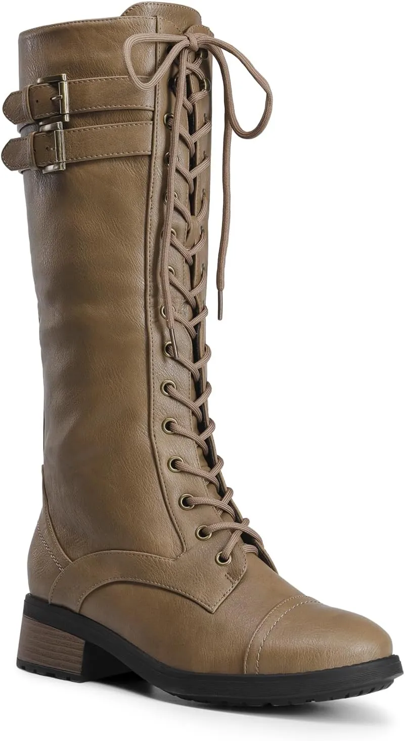 DREAM PAIRS Women's Pu Knee High Riding Combat Boots