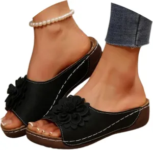 Dress Sandals for Women 2025 Comfortable Flower Sandals for Women Orthopedic Summer Beach Platform Leather Wedge Arch Support
