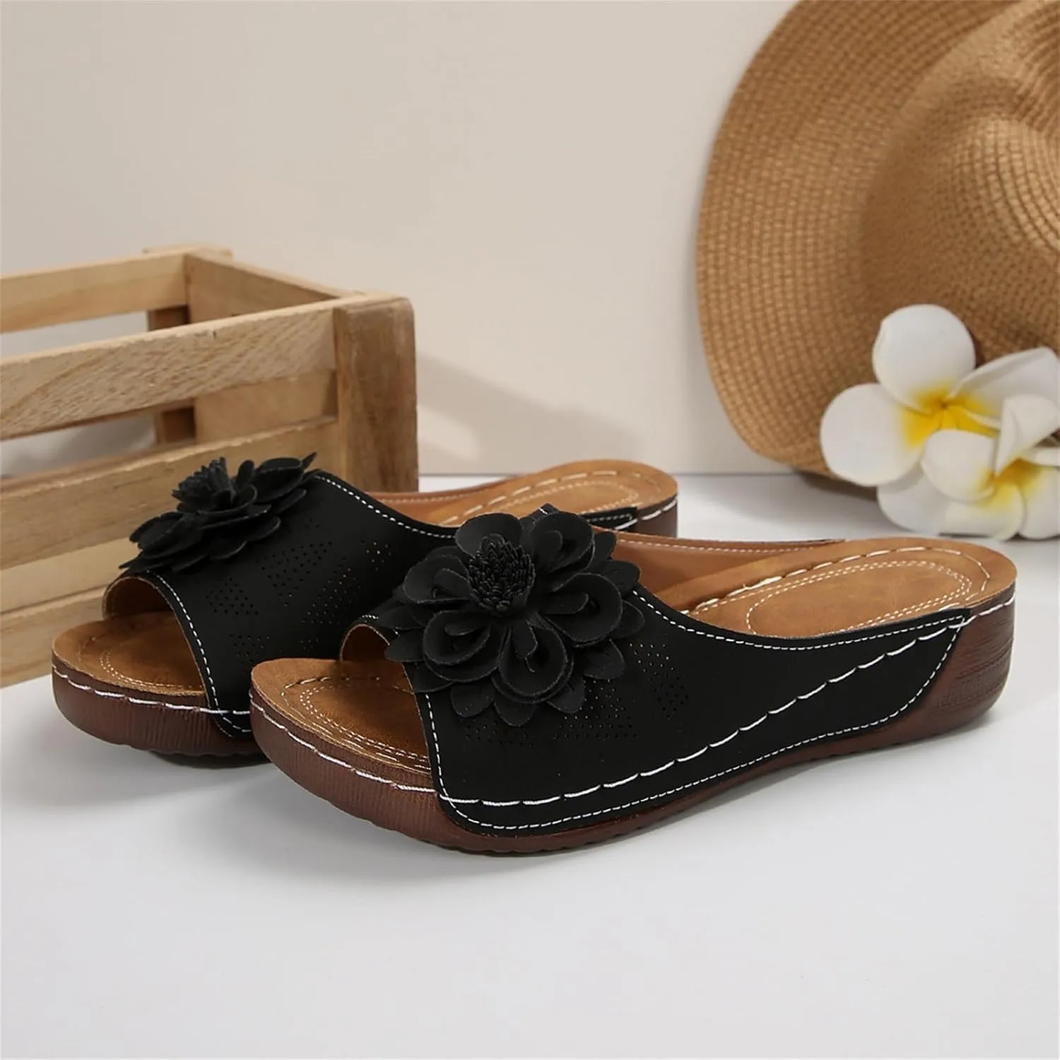 Dress Sandals for Women 2025 Comfortable Flower Sandals for Women Orthopedic Summer Beach Platform Leather Wedge Arch Support