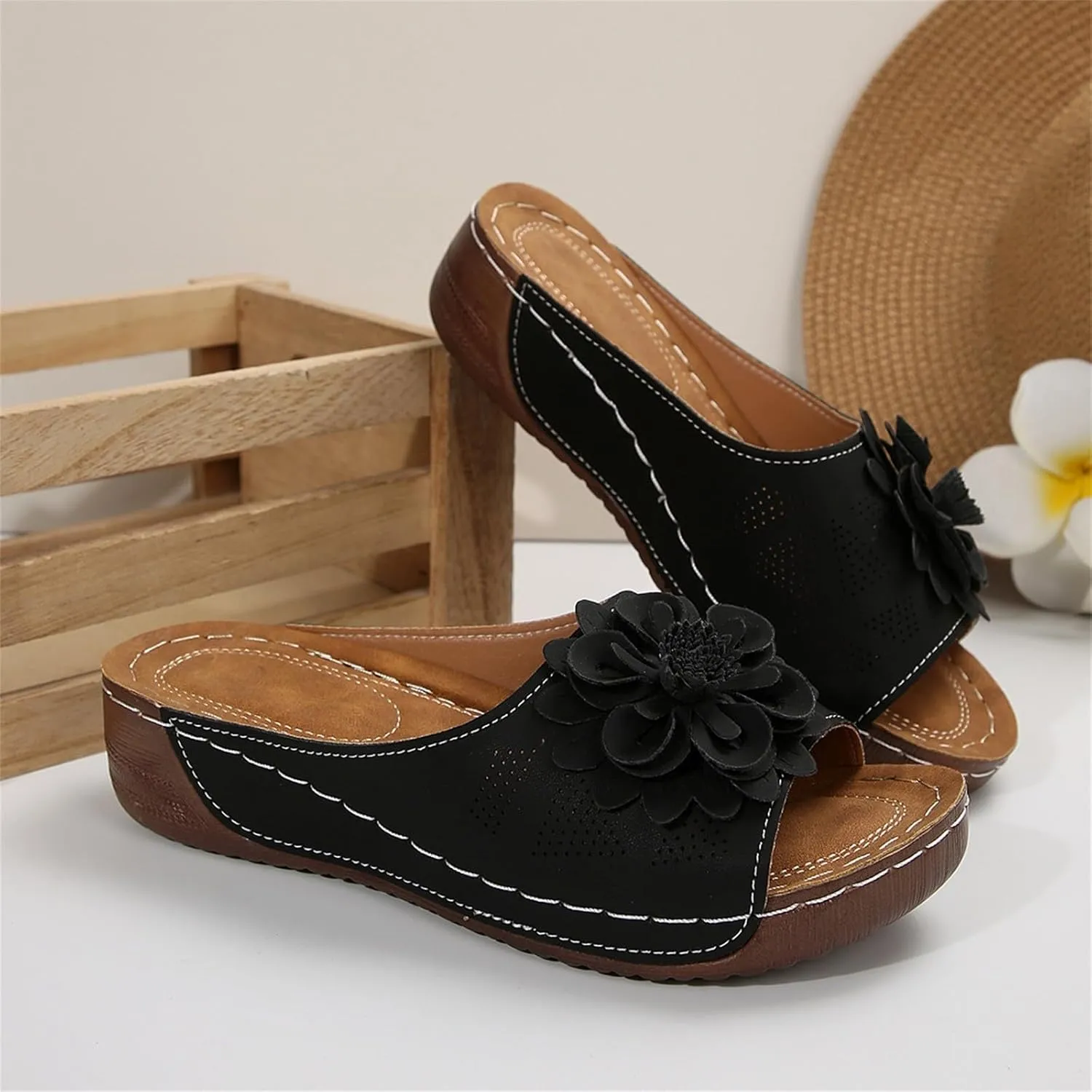 Dress Sandals for Women 2025 Comfortable Flower Sandals for Women Orthopedic Summer Beach Platform Leather Wedge Arch Support