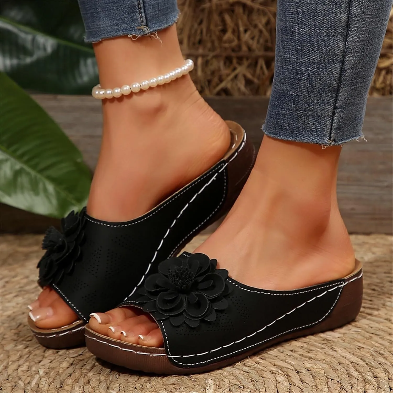 Dress Sandals for Women 2025 Comfortable Flower Sandals for Women Orthopedic Summer Beach Platform Leather Wedge Arch Support