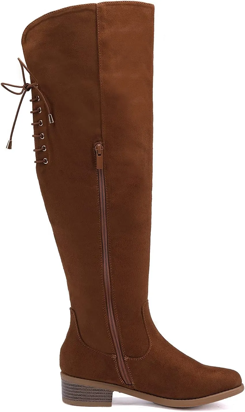 EETTARO Women's Over The Knee Boot Fashion Lace Up Tight High Boots Side Zip Block Heel Riding Booties