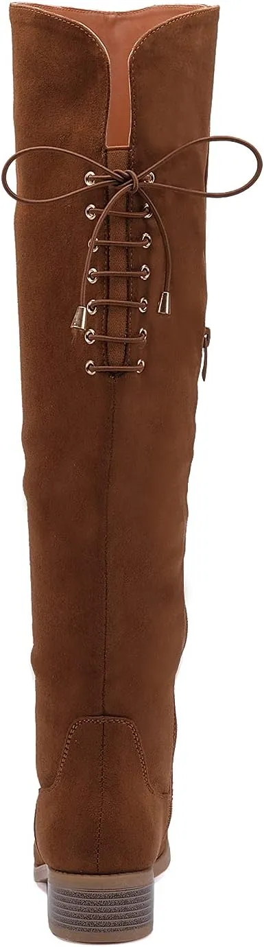 EETTARO Women's Over The Knee Boot Fashion Lace Up Tight High Boots Side Zip Block Heel Riding Booties