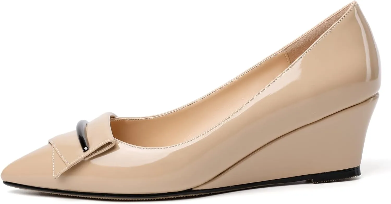 Eldof Low Wedge Heels for Women Pointed Toe Slip On Wedge Pumps with Bow 2 Inches Dress Shoes for Party Wedding Evening