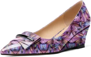 Eldof Low Wedge Heels for Women Pointed Toe Slip On Wedge Pumps with Bow 2 Inches Dress Shoes for Party Wedding Evening