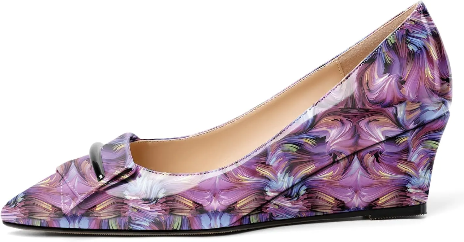 Eldof Low Wedge Heels for Women Pointed Toe Slip On Wedge Pumps with Bow 2 Inches Dress Shoes for Party Wedding Evening