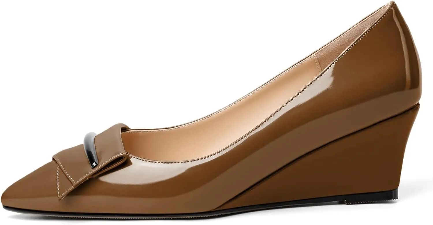 Eldof Low Wedge Heels for Women Pointed Toe Slip On Wedge Pumps with Bow 2 Inches Dress Shoes for Party Wedding Evening