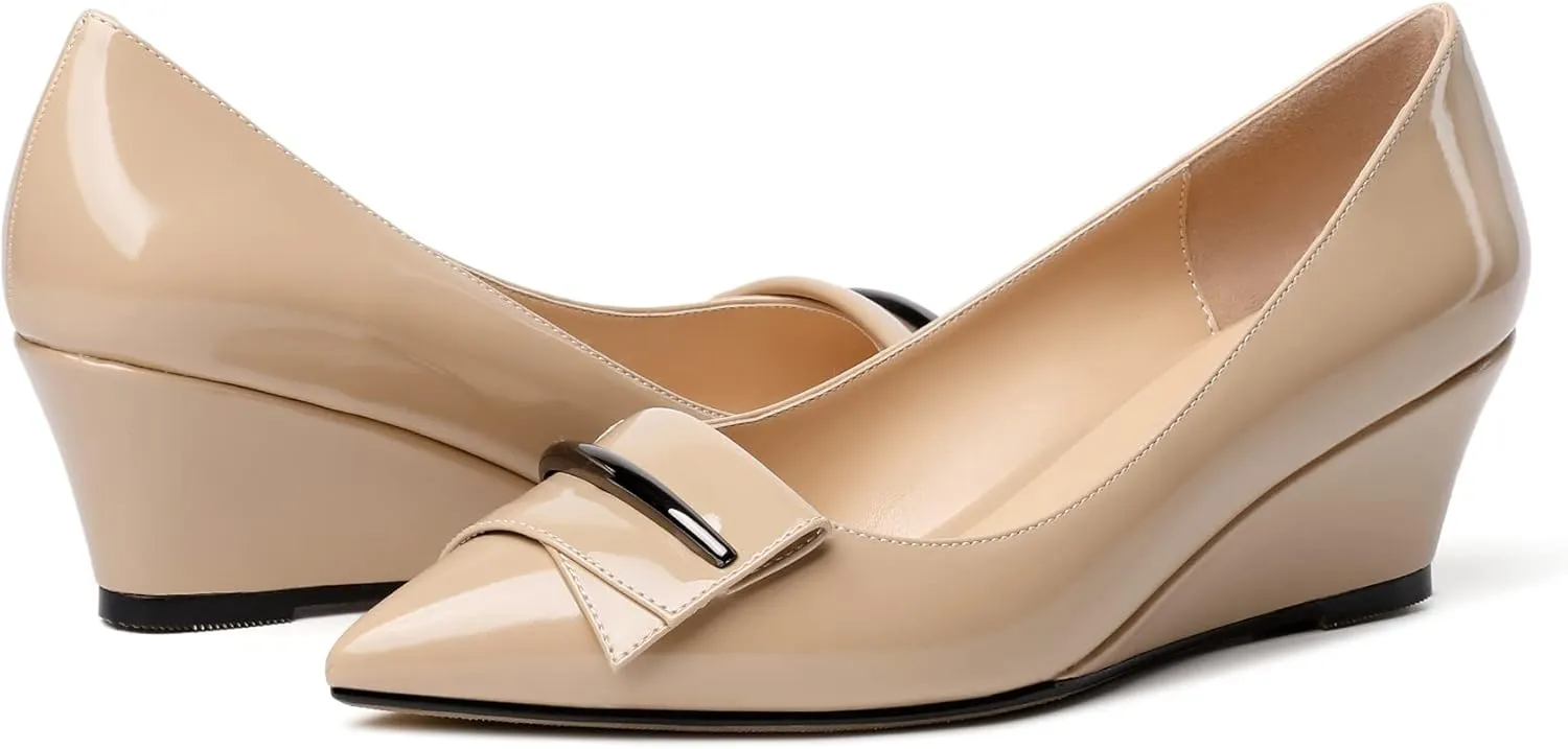 Eldof Low Wedge Heels for Women Pointed Toe Slip On Wedge Pumps with Bow 2 Inches Dress Shoes for Party Wedding Evening