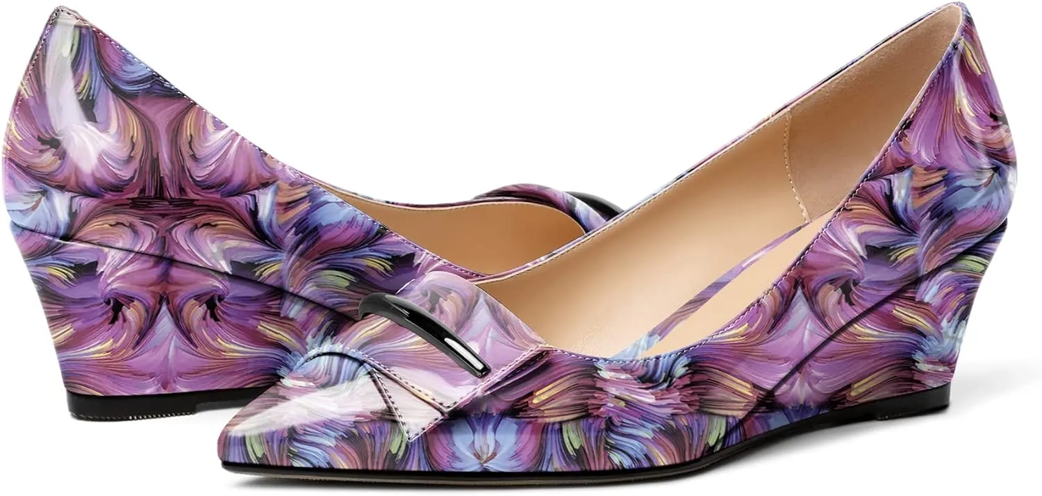 Eldof Low Wedge Heels for Women Pointed Toe Slip On Wedge Pumps with Bow 2 Inches Dress Shoes for Party Wedding Evening