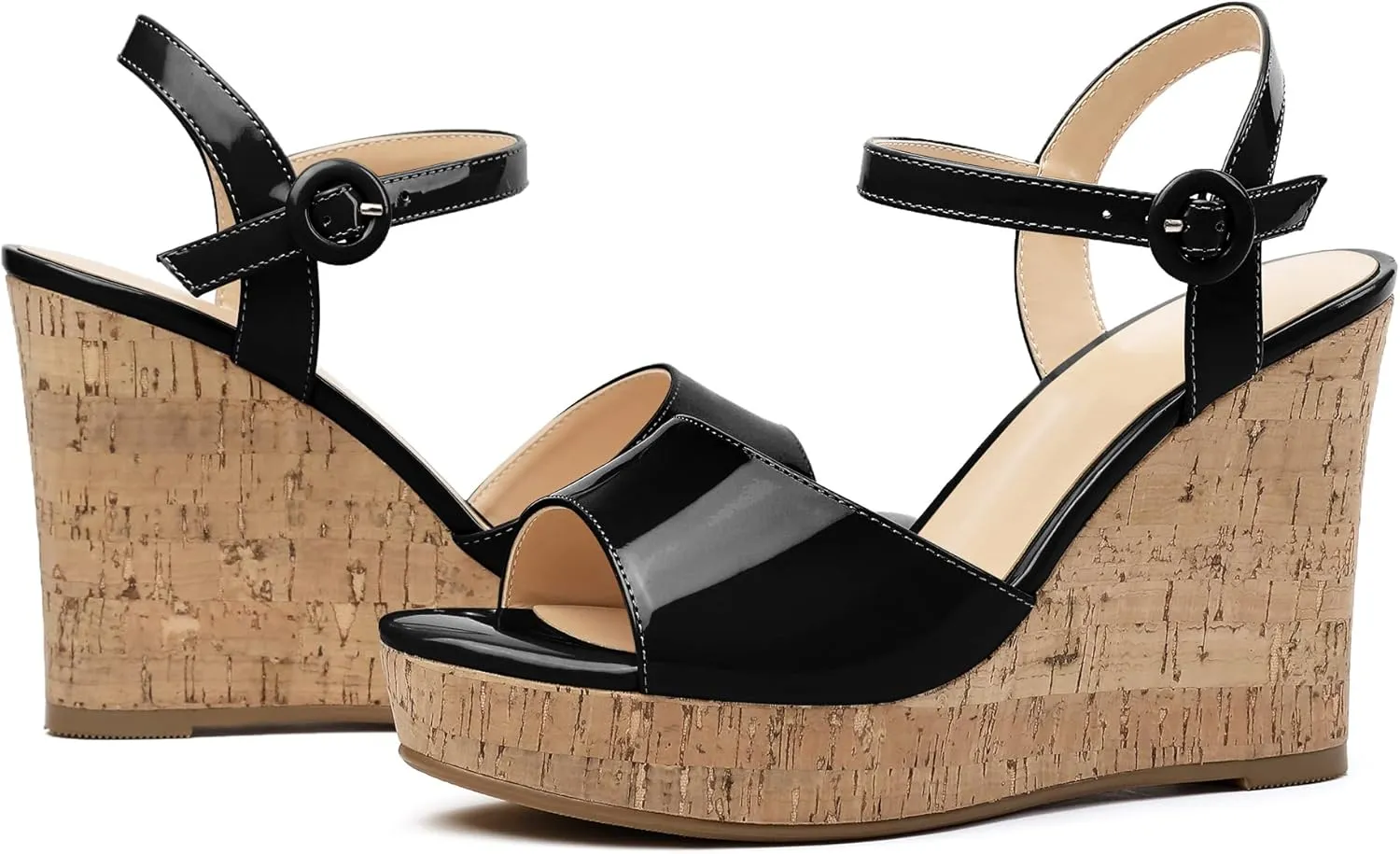 Eldof Women's High Heel Wedge Sandals Open Toe Ankle Strap Wooden Platform Wedge Heels Summer Sandals for Dress Party Evening 4''