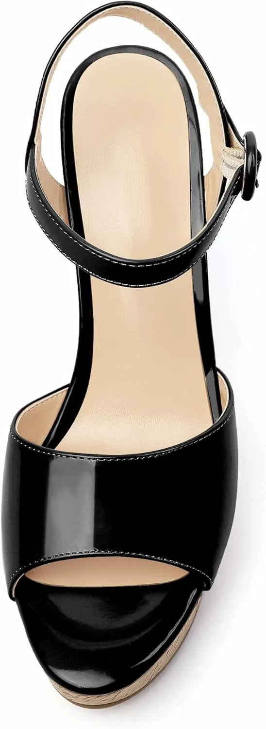 Eldof Women's High Heel Wedge Sandals Open Toe Ankle Strap Wooden Platform Wedge Heels Summer Sandals for Dress Party Evening 4''