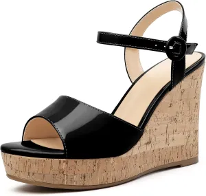 Eldof Women's High Heel Wedge Sandals Open Toe Ankle Strap Wooden Platform Wedge Heels Summer Sandals for Dress Party Evening 4''
