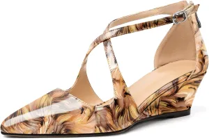 Eldof Women's Low Heel Wedge Pumps Pointed Toe Ankle Strap Crisscross 2 Inch Heeled Wedges Dress Shoes for Working Event Party Zip Closure