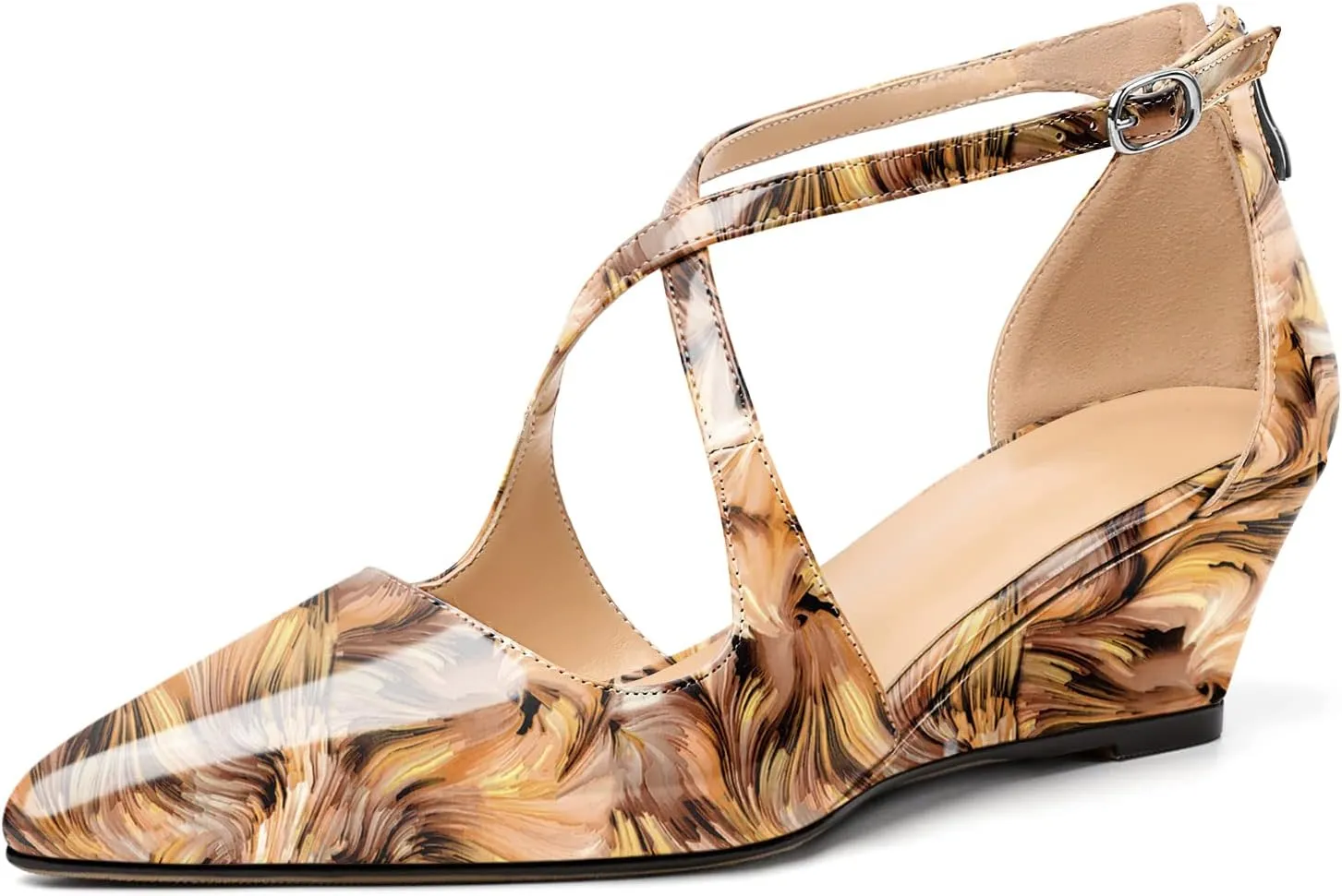 Eldof Women's Low Heel Wedge Pumps Pointed Toe Ankle Strap Crisscross 2 Inch Heeled Wedges Dress Shoes for Working Event Party Zip Closure
