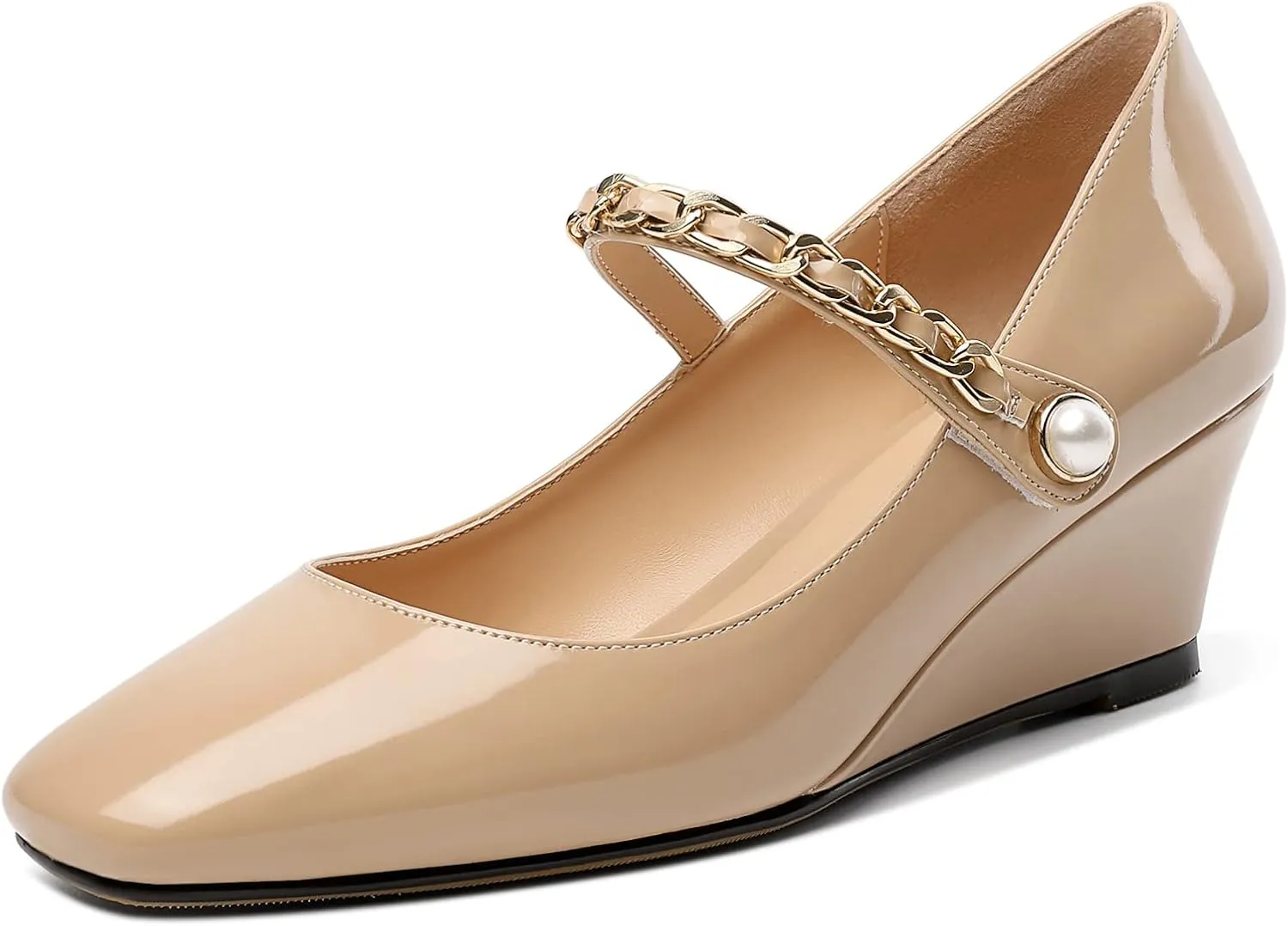 Eldof Women's Mary Janes Wedge Heels Square Toe Low Wedge Heeled Pumps Office Wedding Dress Shoes 2 Inches