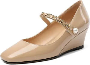 Eldof Women's Mary Janes Wedge Heels Square Toe Low Wedge Heeled Pumps Office Wedding Dress Shoes 2 Inches