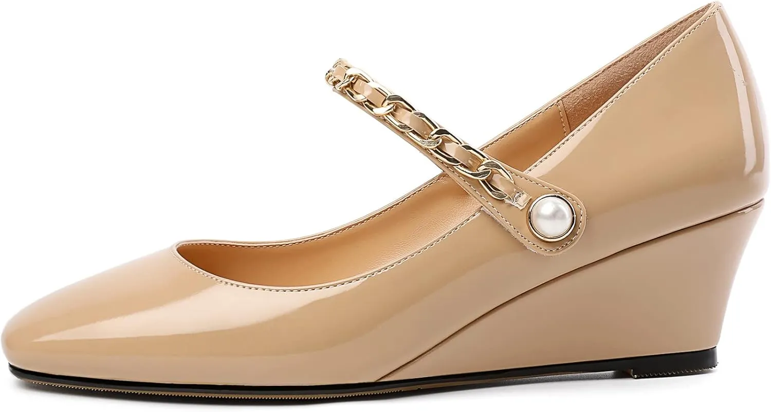 Eldof Women's Mary Janes Wedge Heels Square Toe Low Wedge Heeled Pumps Office Wedding Dress Shoes 2 Inches
