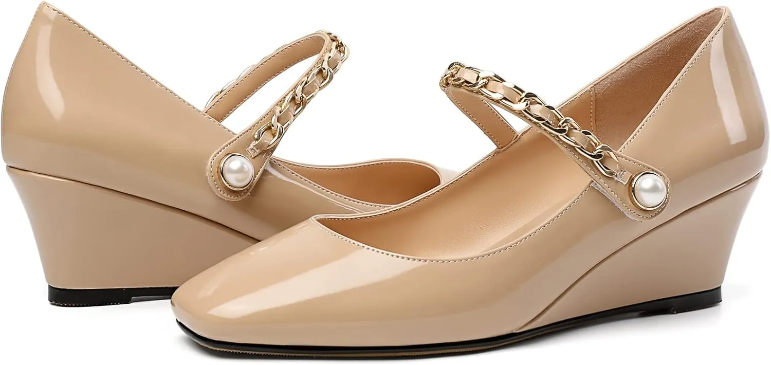 Eldof Women's Mary Janes Wedge Heels Square Toe Low Wedge Heeled Pumps Office Wedding Dress Shoes 2 Inches