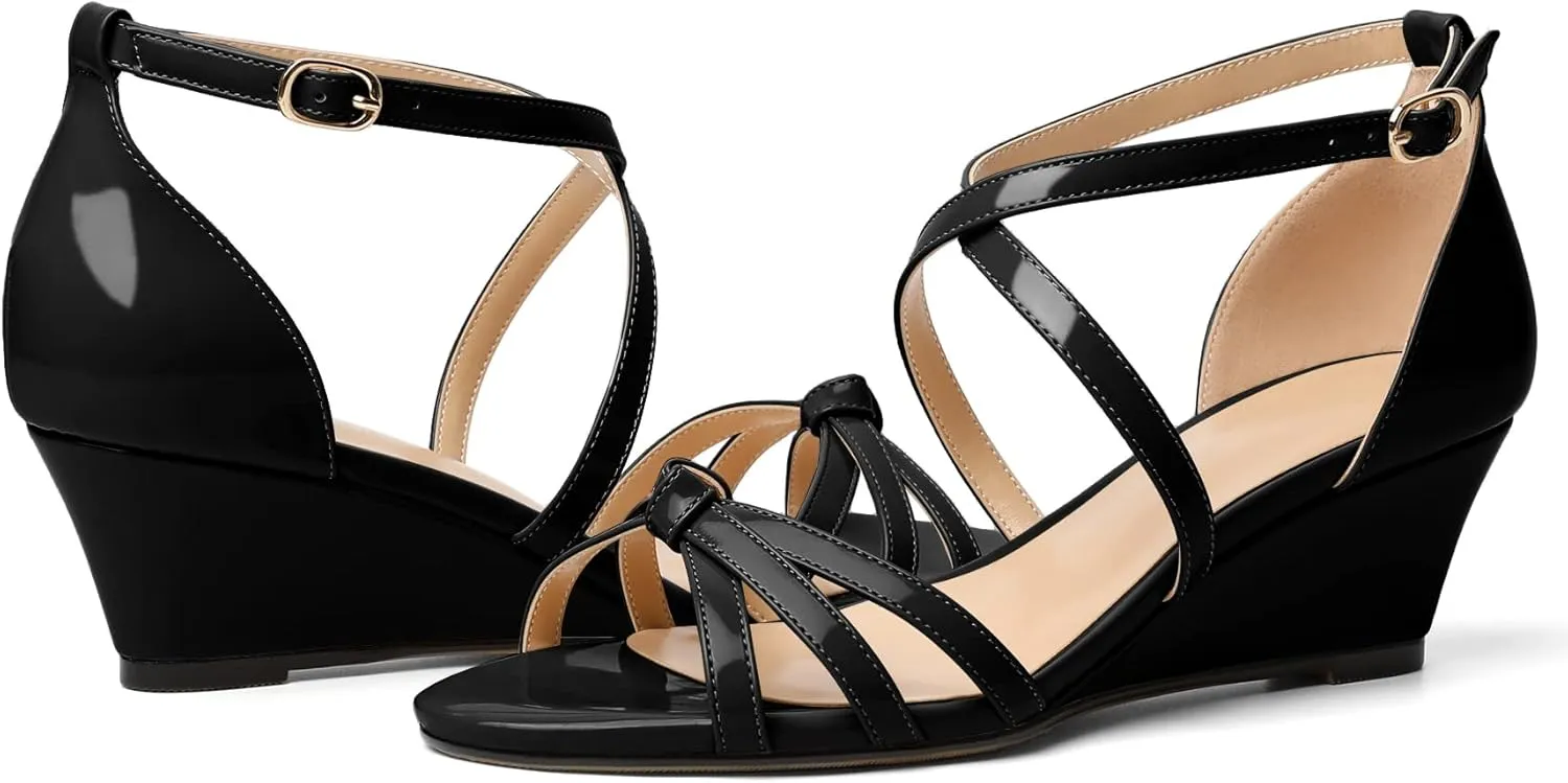 Eldof Women's Open Toe Ankle Strap Criss Cross Wedge Sandals 2 Inches Low Heel Wedge Pumps Shoes for Dress Casual Work Event