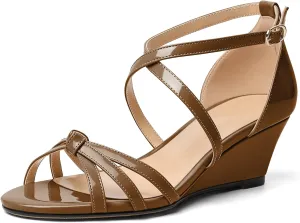 Eldof Women's Open Toe Ankle Strap Criss Cross Wedge Sandals 2 Inches Low Heel Wedge Pumps Shoes for Dress Casual Work Event