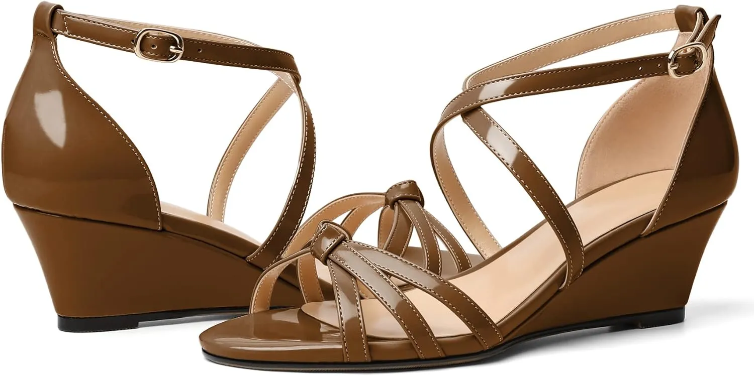 Eldof Women's Open Toe Ankle Strap Criss Cross Wedge Sandals 2 Inches Low Heel Wedge Pumps Shoes for Dress Casual Work Event