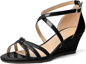 Eldof Women's Open Toe Ankle Strap Criss Cross Wedge Sandals 2 Inches Low Heel Wedge Pumps Shoes for Dress Casual Work Event