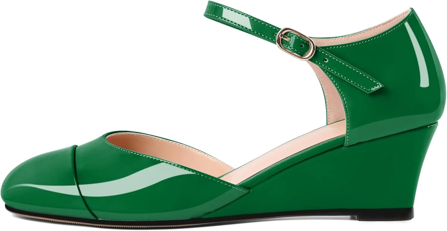 Eldof Womens Wedges Mary Jane Round Toe Ankle Strap Wedge Low Heel Dress Shoes Pumps for Women 2 Inches