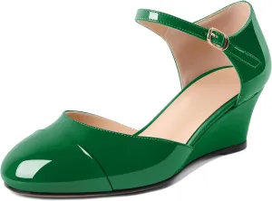 Eldof Womens Wedges Mary Jane Round Toe Ankle Strap Wedge Low Heel Dress Shoes Pumps for Women 2 Inches