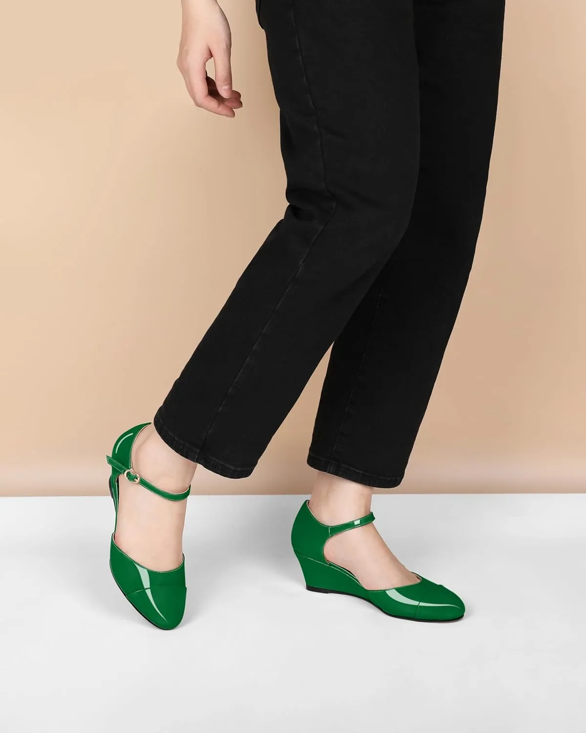 Eldof Womens Wedges Mary Jane Round Toe Ankle Strap Wedge Low Heel Dress Shoes Pumps for Women 2 Inches