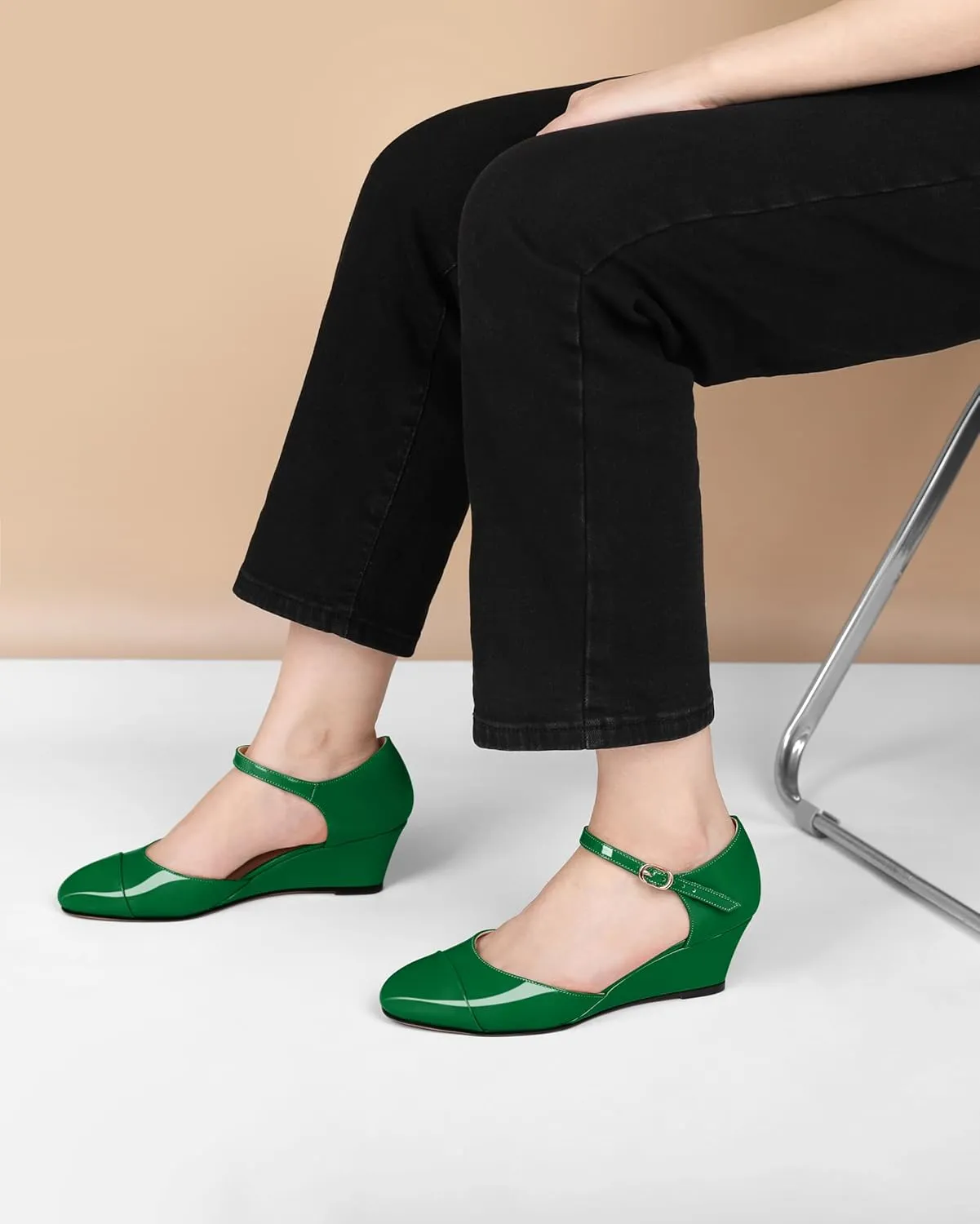 Eldof Womens Wedges Mary Jane Round Toe Ankle Strap Wedge Low Heel Dress Shoes Pumps for Women 2 Inches