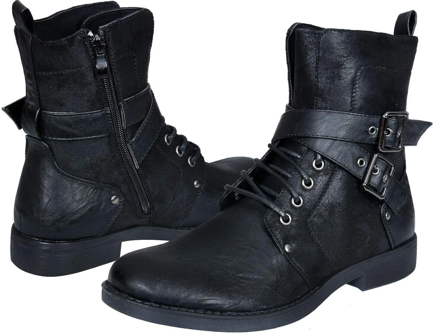 ELONG Men's Punk Rock Goth Elmo Ankle Boots Zip Biker Leather Buckle