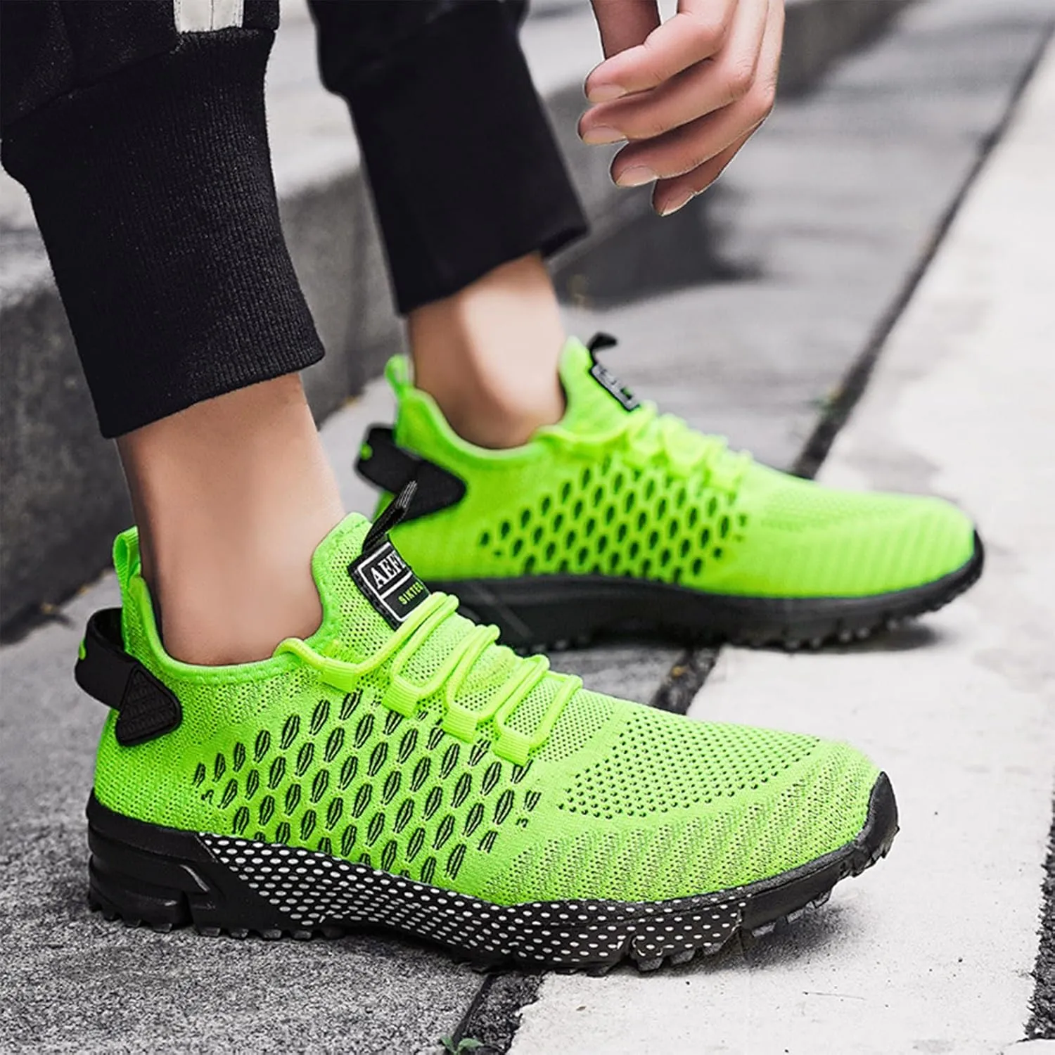 Ephirebra Men's Knitted Mesh Flat Sneakers Slip-On Lace Up Causal Low Top Walking Shoes Outdoor Trainer Comfortable Non-Slip Sport Shoes