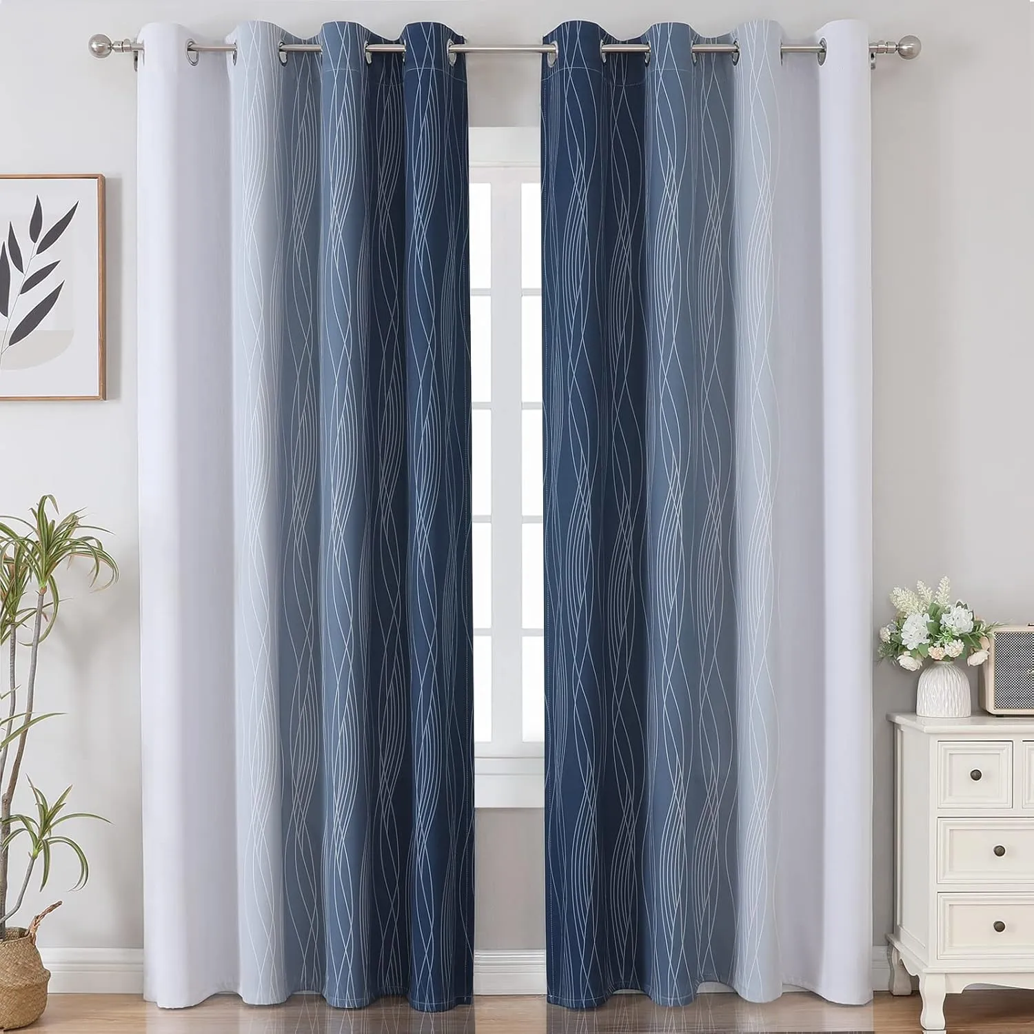 Estelar Textiler Navy Blue and Greyish White Blackout Curtains for Bedroom 84 Inches Long, Full Room Darkening Grommet Curtains for Living Room,Thermal Insulated Ombre Drapes,52Wx84L,2 Panels