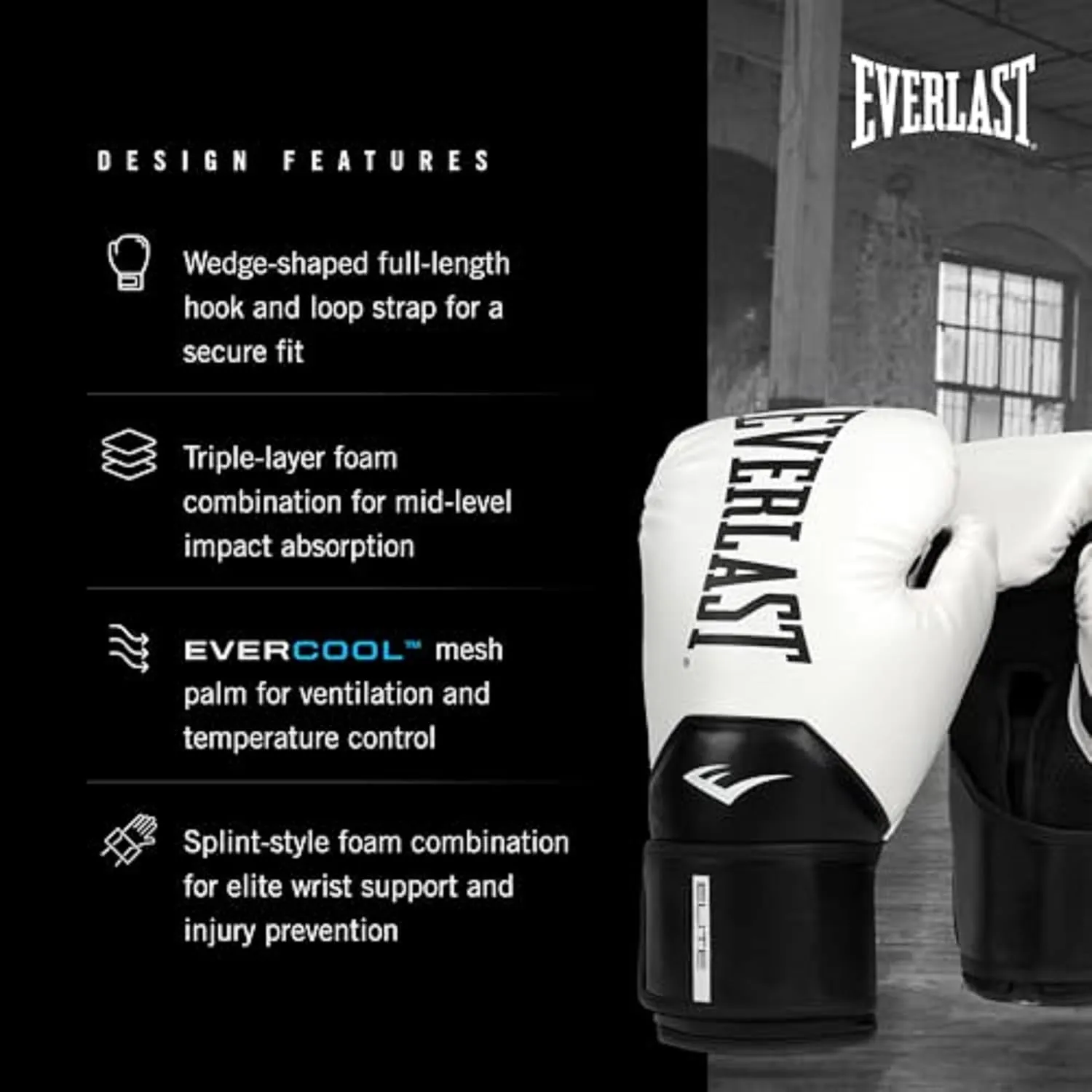 Everlast Elite 2 Boxing Gloves, Pro Training Gloves for Men and Women, Secure Fit Hook and Loop Closure & Ventilation, Heavy Bag & Speedbag Training.