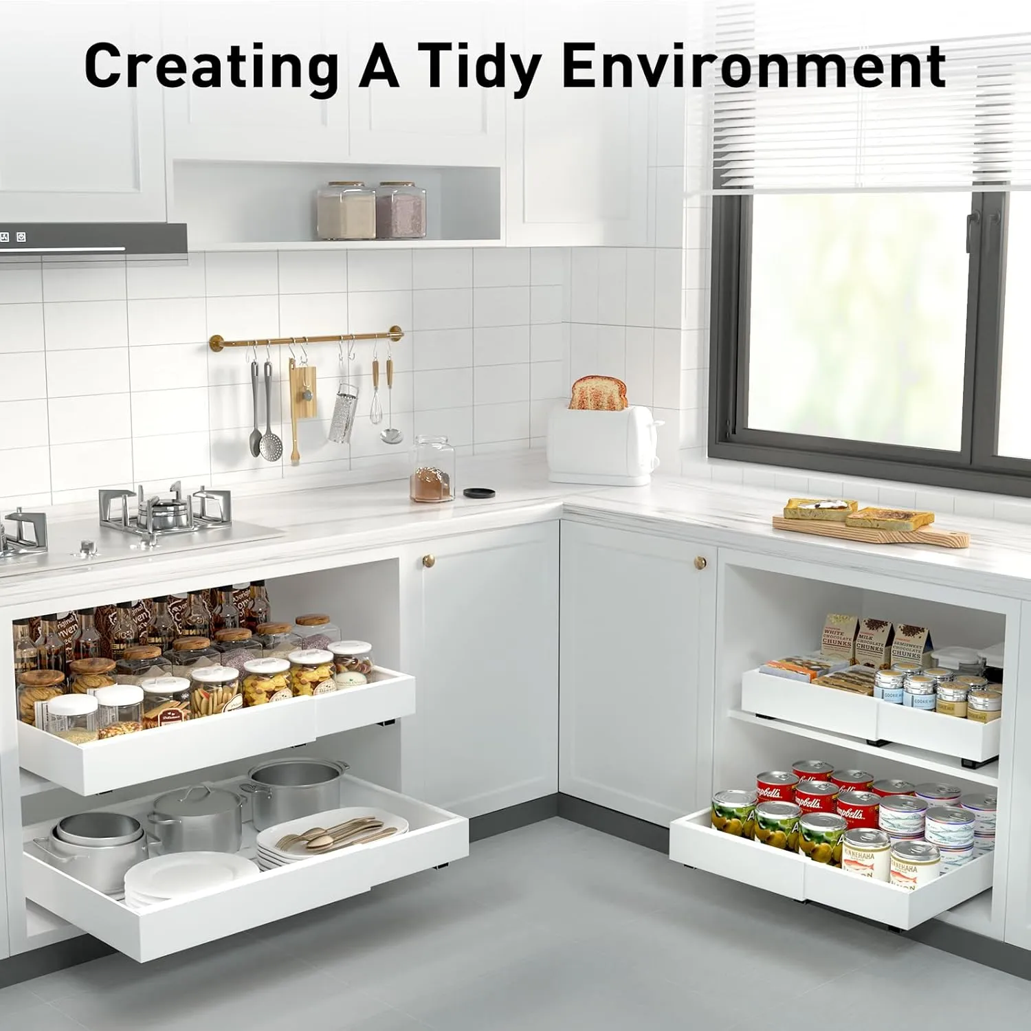 Expandable Pull Out Cabinet Organizer,No Drill Pull Out Drawers for Cabinets,Slide Out Drawers for Kitchen Cabinets with Adhesive Nano Film,Cabinet Roll Out Shelves for Kitchen Pantry