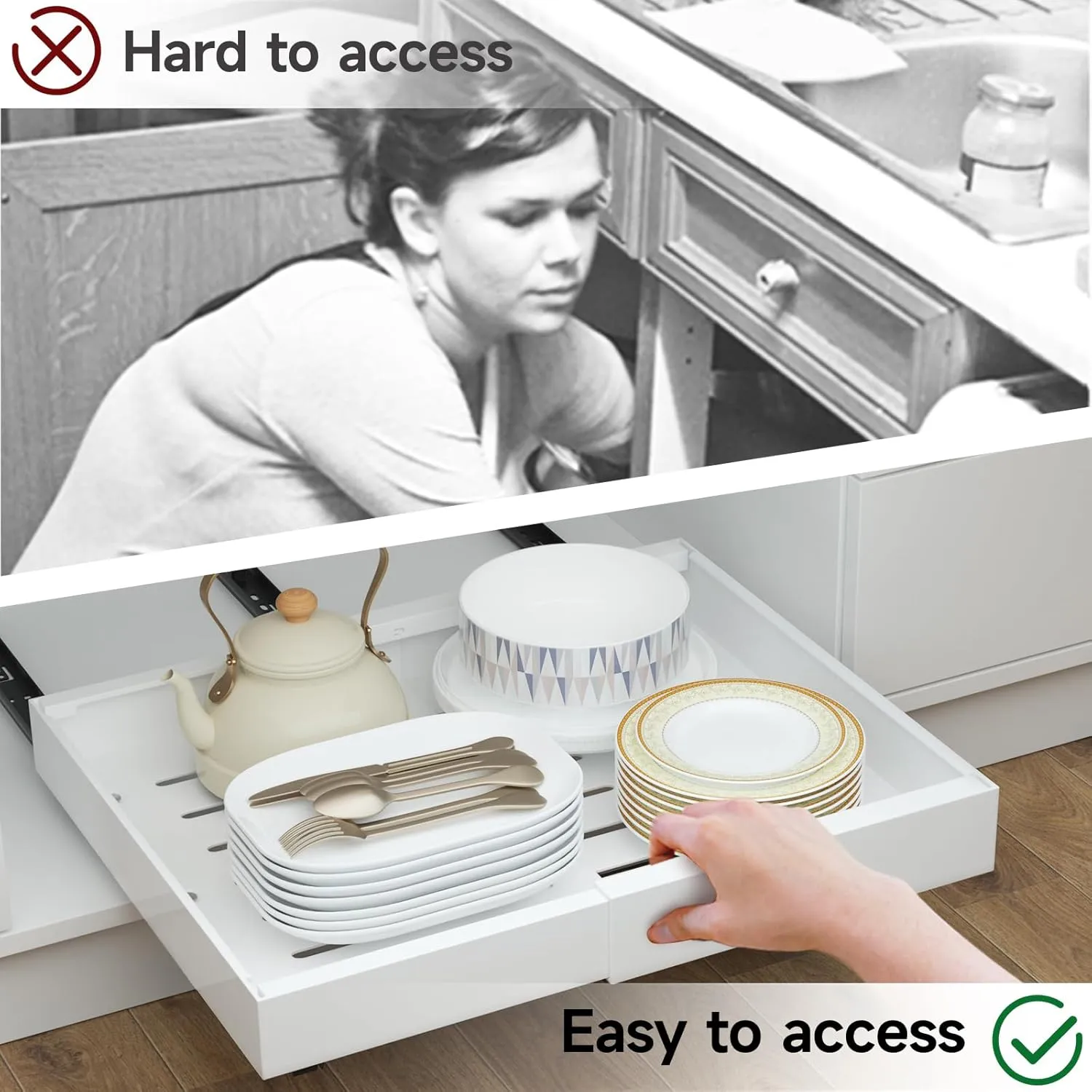 Expandable Pull Out Cabinet Organizer,No Drill Pull Out Drawers for Cabinets,Slide Out Drawers for Kitchen Cabinets with Adhesive Nano Film,Cabinet Roll Out Shelves for Kitchen Pantry