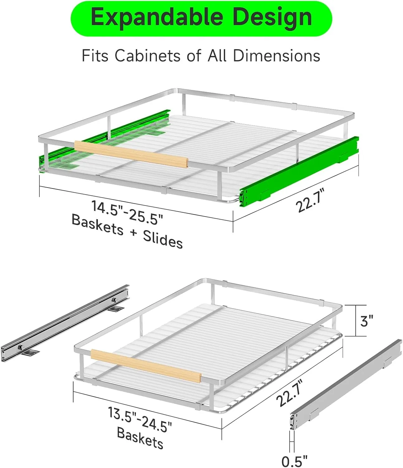 Expandable Pull Out Drawers for Cabinets, Kitchen Cabinet Slide Out Shelves, Adjustable Roll Out Drawers, Stainless Steel, Large 2 Pack, (14.5"-25.5") Cabinet Width x 22.7" Depth