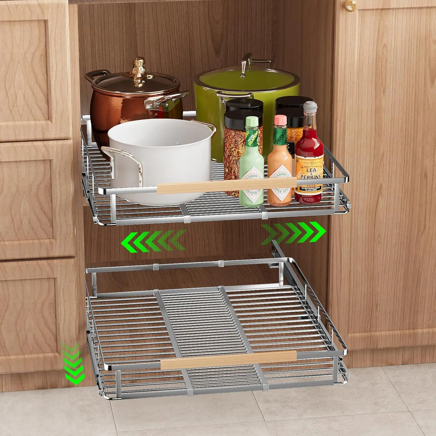 Expandable Pull Out Drawers for Cabinets, Kitchen Cabinet Slide Out Shelves, Adjustable Roll Out Drawers, Stainless Steel, Large 2 Pack, (14.5"-25.5") Cabinet Width x 22.7" Depth