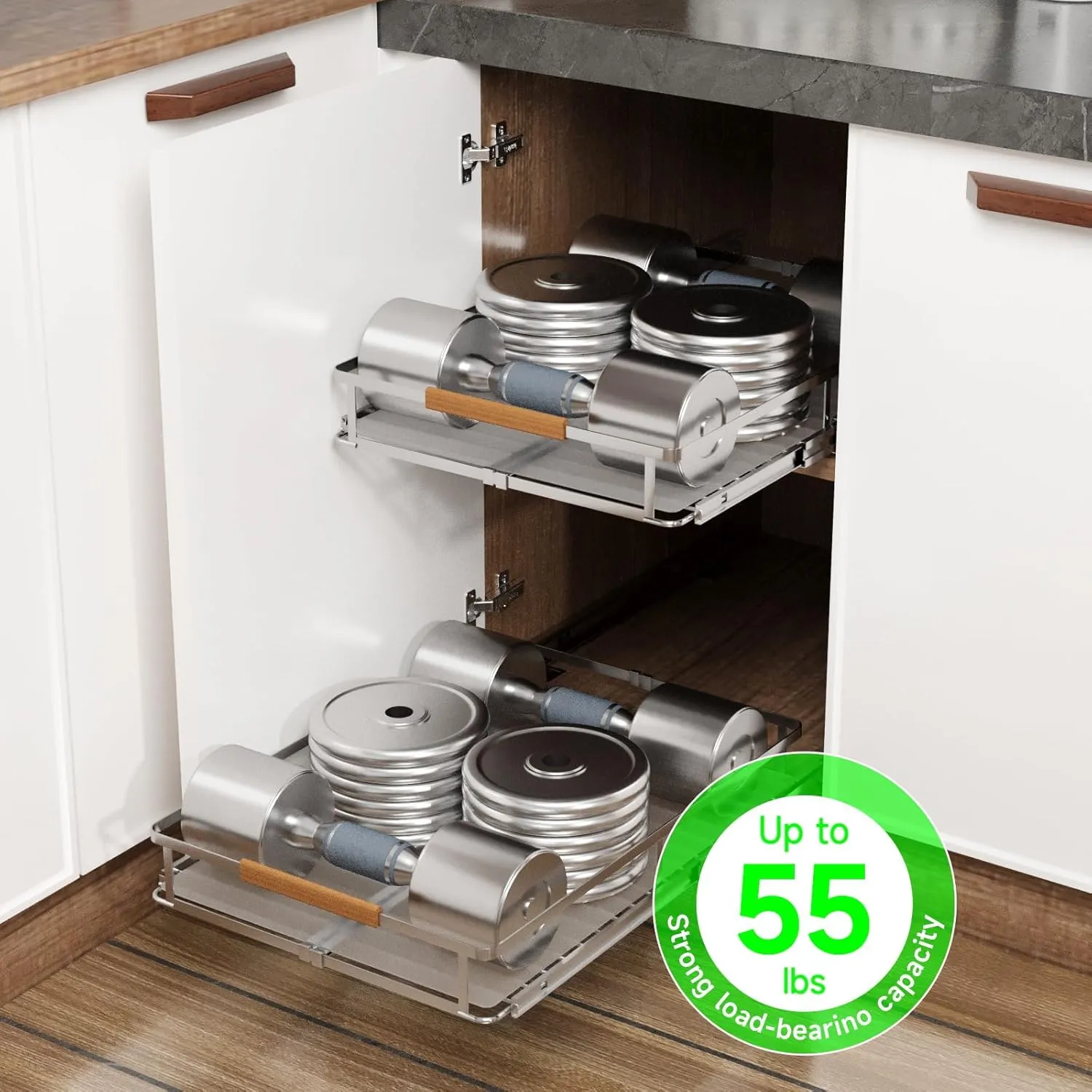 Expandable Pull Out Drawers for Cabinets, Kitchen Cabinet Slide Out Shelves, Adjustable Roll Out Drawers, Stainless Steel, Large 2 Pack, (14.5"-25.5") Cabinet Width x 22.7" Depth