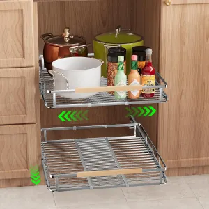 Expandable Pull Out Drawers for Cabinets, Kitchen Cabinet Slide Out Shelves, Adjustable Roll Out Drawers, Stainless Steel, Large 2 Pack, (14.5"-25.5") Cabinet Width x 22.7" Depth
