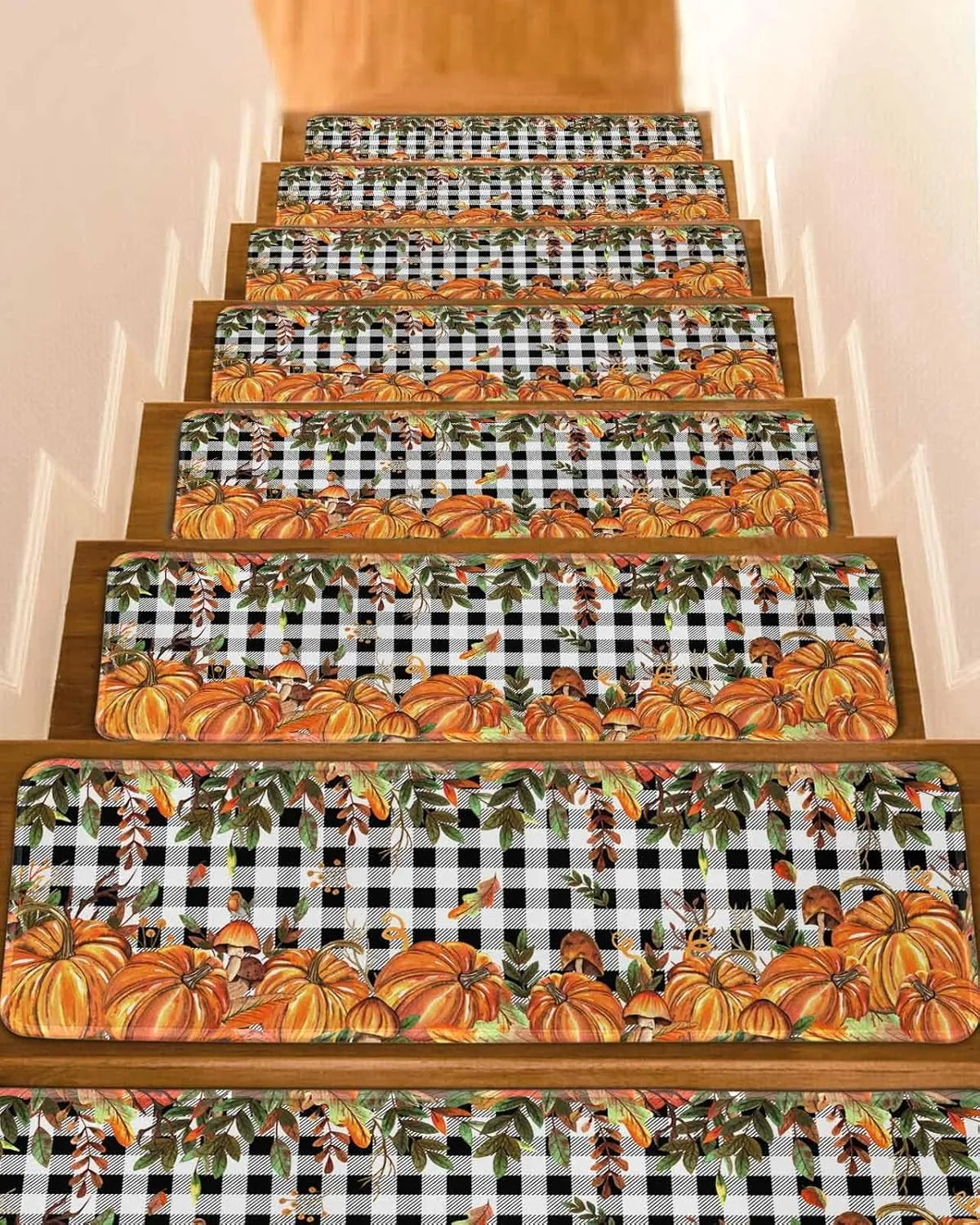 Fall Stair Treads Non Slip Indoor Stair Runner Set of 10 Carpet Stair Treads for Wooden Steps 30"x8" Autumn Pumpkin Mushtoom Leaf Check Black White Stair Carpet Treads for Dog, Kid, Elder