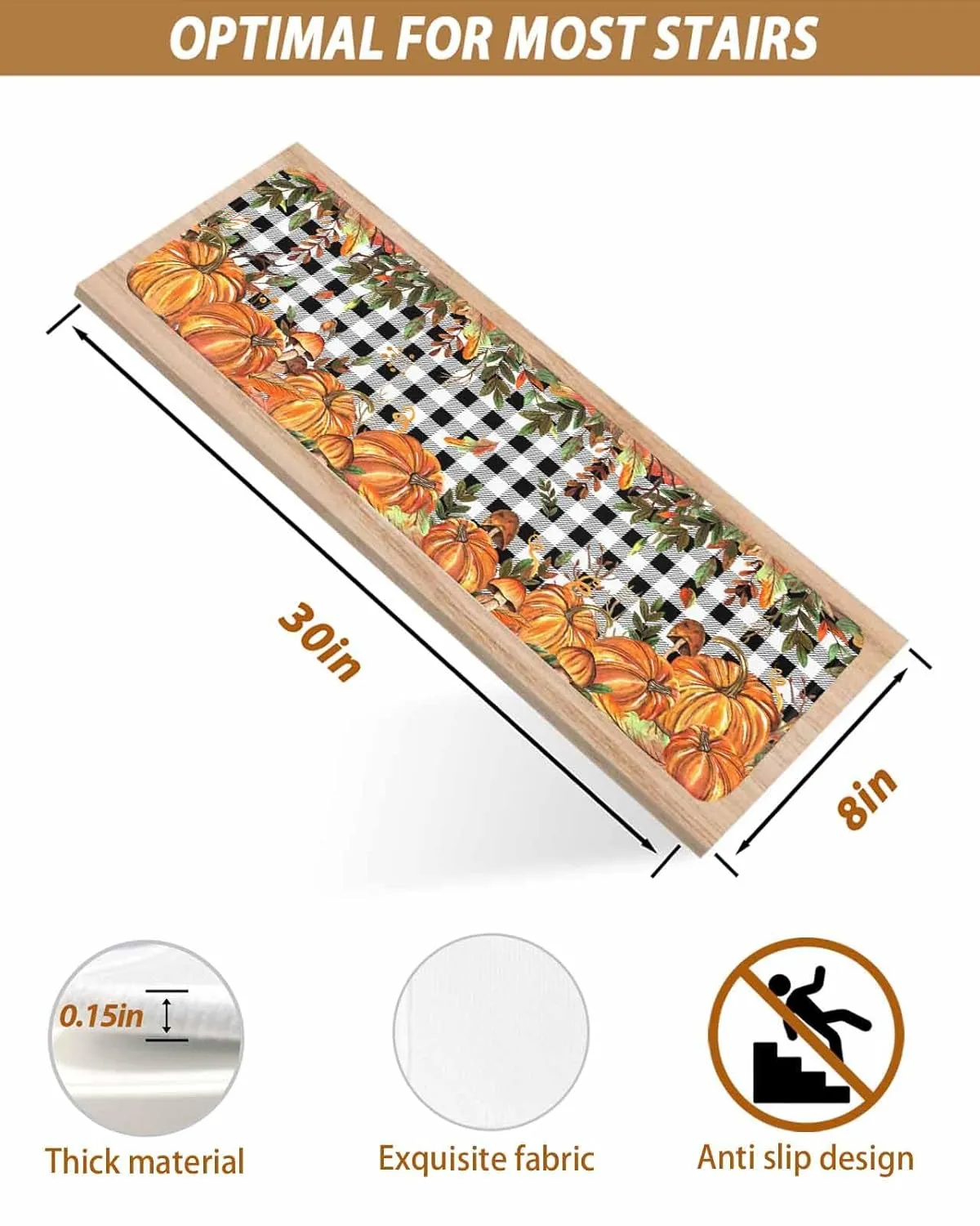 Fall Stair Treads Non Slip Indoor Stair Runner Set of 10 Carpet Stair Treads for Wooden Steps 30"x8" Autumn Pumpkin Mushtoom Leaf Check Black White Stair Carpet Treads for Dog, Kid, Elder