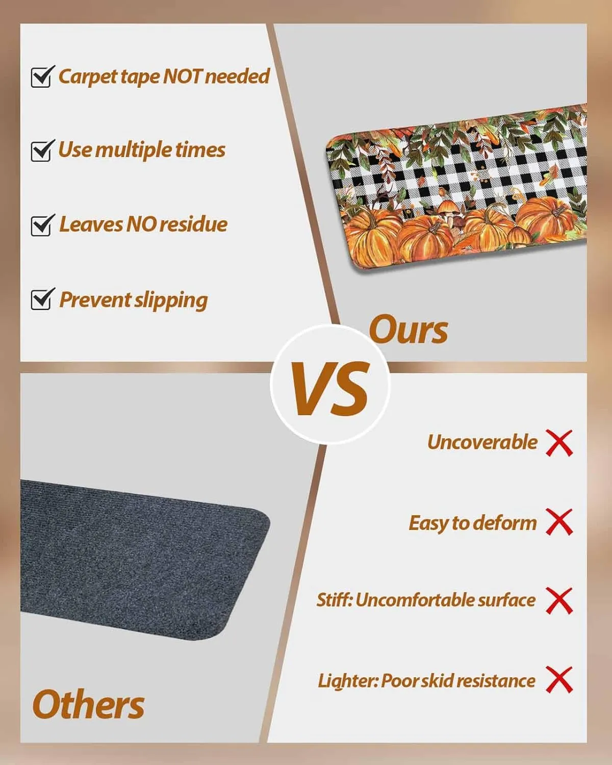 Fall Stair Treads Non Slip Indoor Stair Runner Set of 10 Carpet Stair Treads for Wooden Steps 30"x8" Autumn Pumpkin Mushtoom Leaf Check Black White Stair Carpet Treads for Dog, Kid, Elder